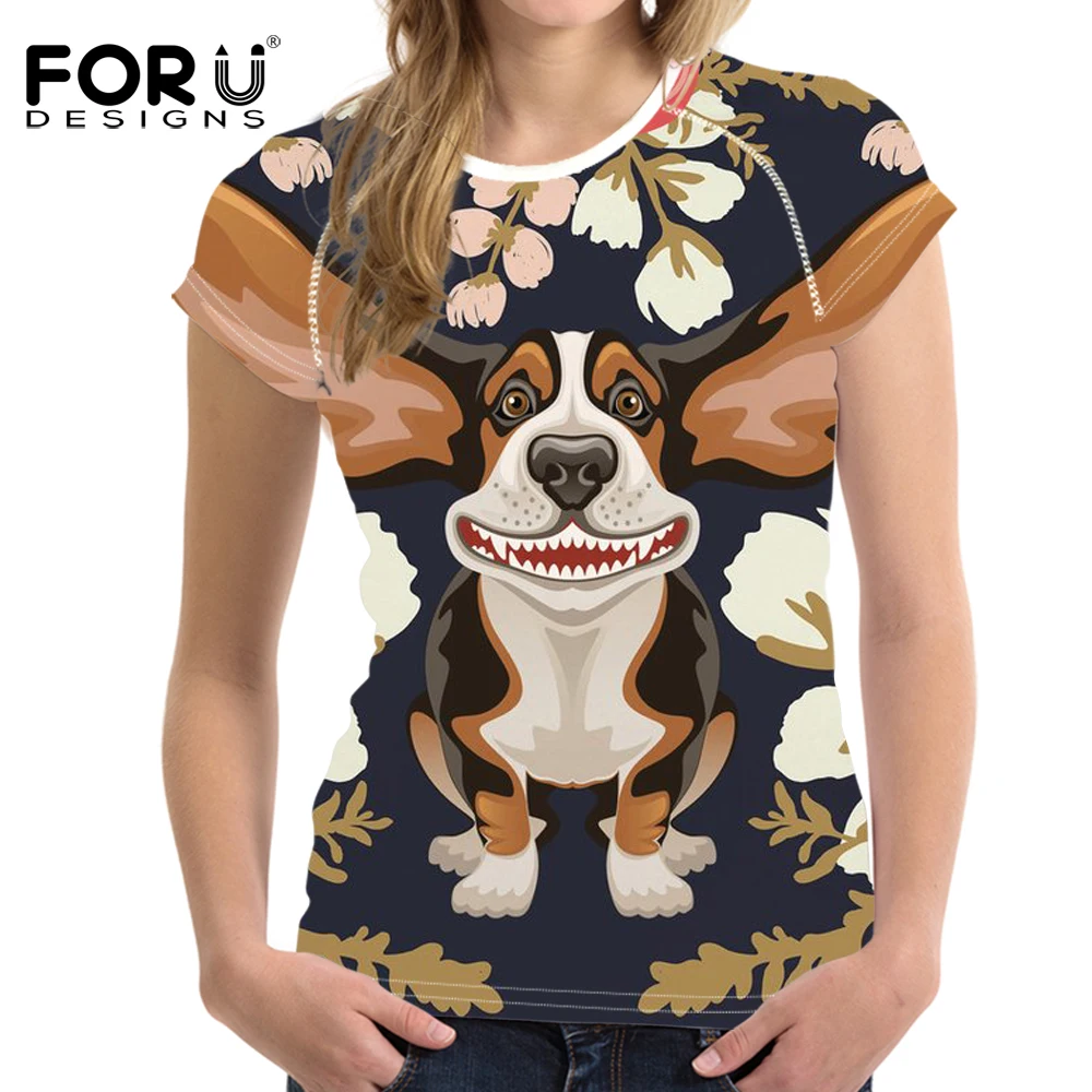 

FORUDESIGNS Floral Hound T Shirt Women Harajuku Style T-shirt Female Cartoon Dog Cute Tee Shirt for Teen Girl Casual Clothing