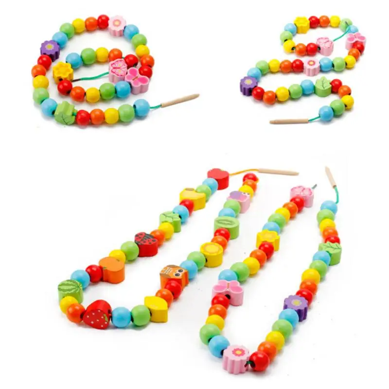 3D DIY Toy Wooden String Beads Fruit Tree Animal Colorful Baby Early Education Toy Kids Gift Montessori Stringing Beads
