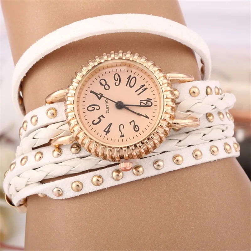 Мода обертывание заклепки браслет женские часы кварцевые часы наручные часы для женщин Девушка Montre Femme relogios черный, розовый