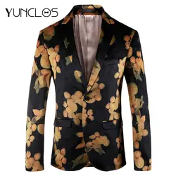 YUNCLOS 2019 для мужчин блейзер тонкий с цветочным принтом Свадебные Пиджаки для Высокое качество вельветовый Блейзер Куртки americana hombr