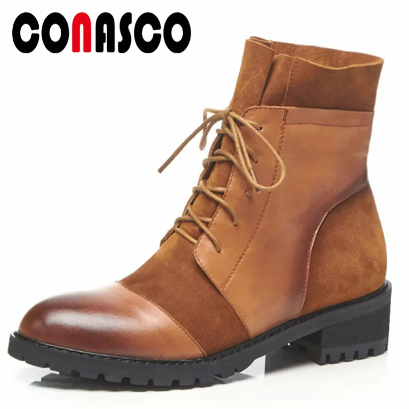

CONASCO Retro Quality Women Ankle Boots High Heels Lace Up Martin Shoes Woman Round Toe Autumn Winter New Pumps Motorcycle Boot