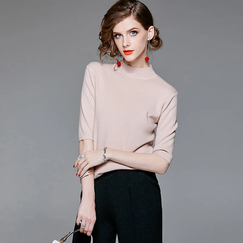 Solid half sleeve elastic knit slim sweater shirts 2018 new stand neck women autumn basic sweater