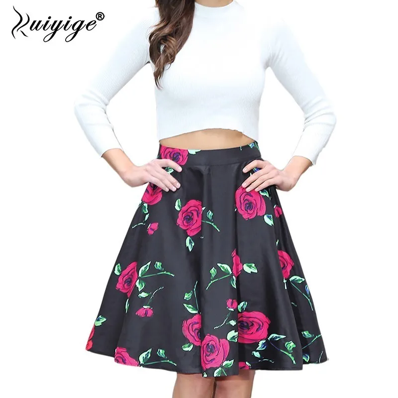 

Ruiyige 2018 Summer Vintage Floral Print Skirts Women Skater High Waist Zipper Holiday Party Flare Pleated Midi Swing Skirt