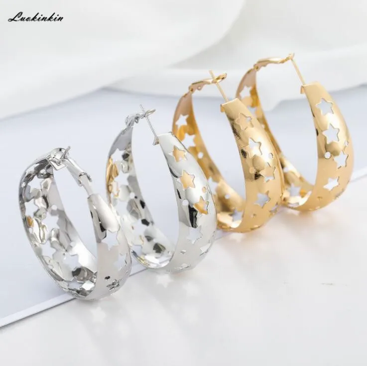 

gold&silvery hollow stars big hoop earrings popular pentagonal star women earrings 2019 fashion jewelry