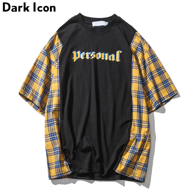 DARK ICON Plaid Patchwork Letter Printing Loose Style High Street T-shirt Men 2018 Summer Round Neck Men's Tshirts Short Sleeve