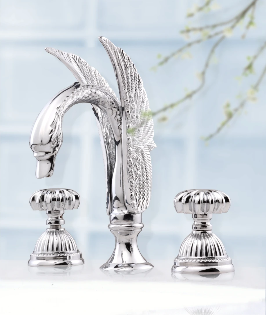 

Free shipping Chrome Color 3 PCS WIDESPREAD ROMAN SWAN SINK FAUCET Deck Mounted