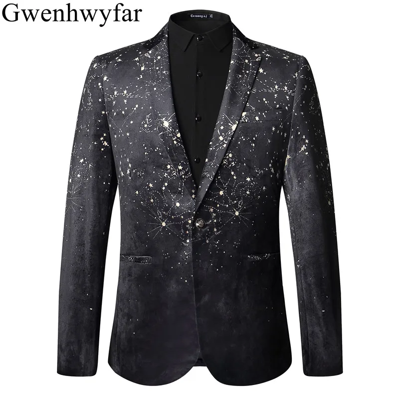 

Short Length Men's Mysterious Star Sea Patterns Wedding Suit Jacket Casual Costumes Stage Wear For Singer Party Men Blazer 2018