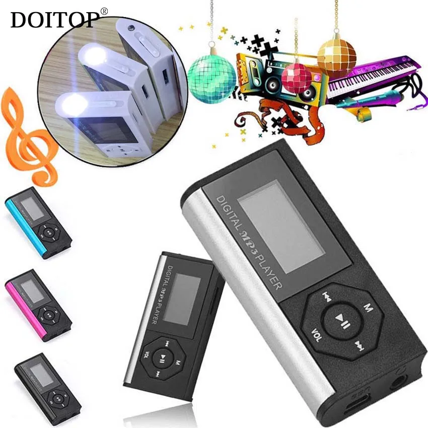 

DOITOP Mini Clip 3.5mm Stereo Digital MP3 Player LCD Screen MP3 Music Player Support 32GB Micro SD TF Card With LED Flashlight