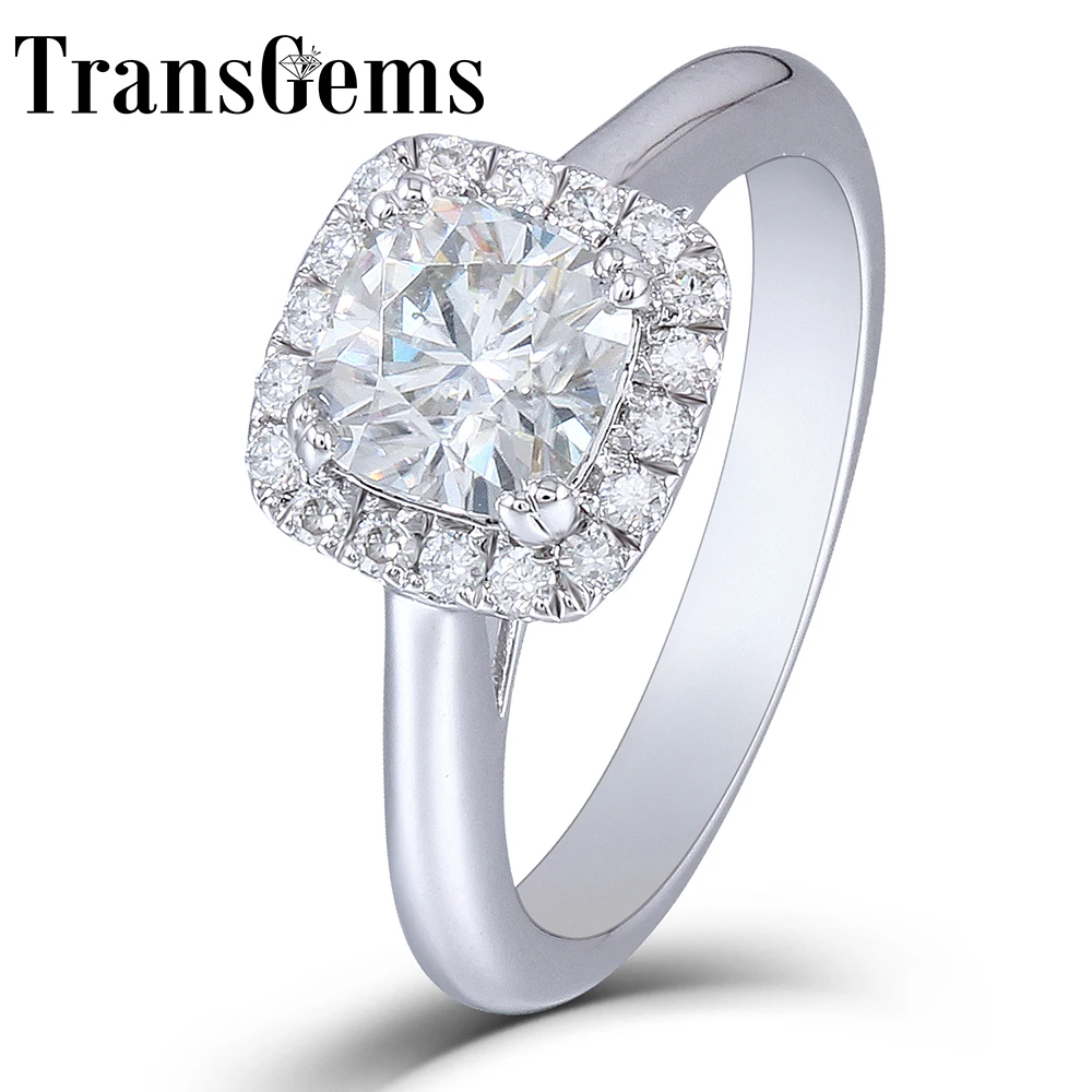 

Transgems 1.2CTW Diameter 6MM Cushion Cut F Color 2.6MM Width Moissanite Engagement Ring with Accents Platinum Plated Silver