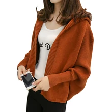 Осенний черный белый кардиган с капюшоном, женский свитер с рукавом летучая мышь, короткий Свободный вязаный жакет большого размера для женщин YM832