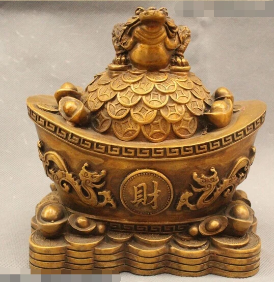 

004203 7" Chinese Folk Brass Treasure bowl Golden Toad Spittor Peach Yuan Bao Statue