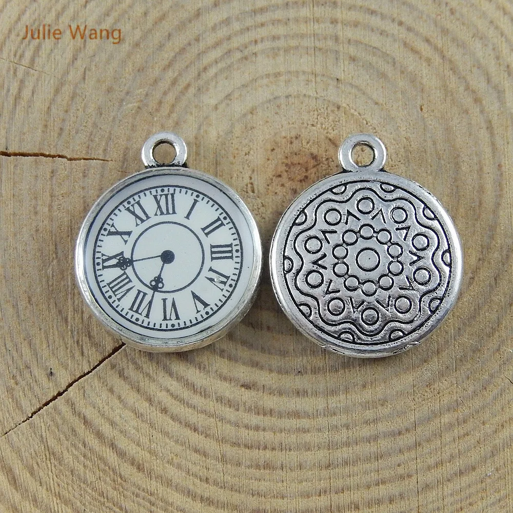 Julie Wang 10PCS Antique Silver Color Alloy Single Face Clocks Charms Pendants Jewelry Accessory Suspension Necklace 51665