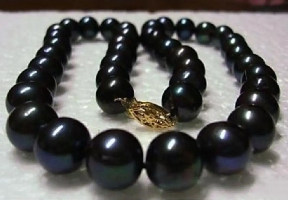 

11-12mm AAA++ natural Tahitian Black Pearl Necklace 14k yellow gold clasp
