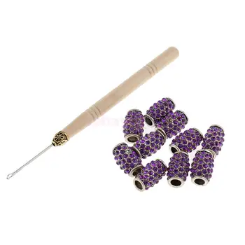 

Professional Wood Metal Hair Extension Latch Crochet Hook With 10pcs Dreadlocks Braiding Beads Dread Hook Weaving Cuff Set