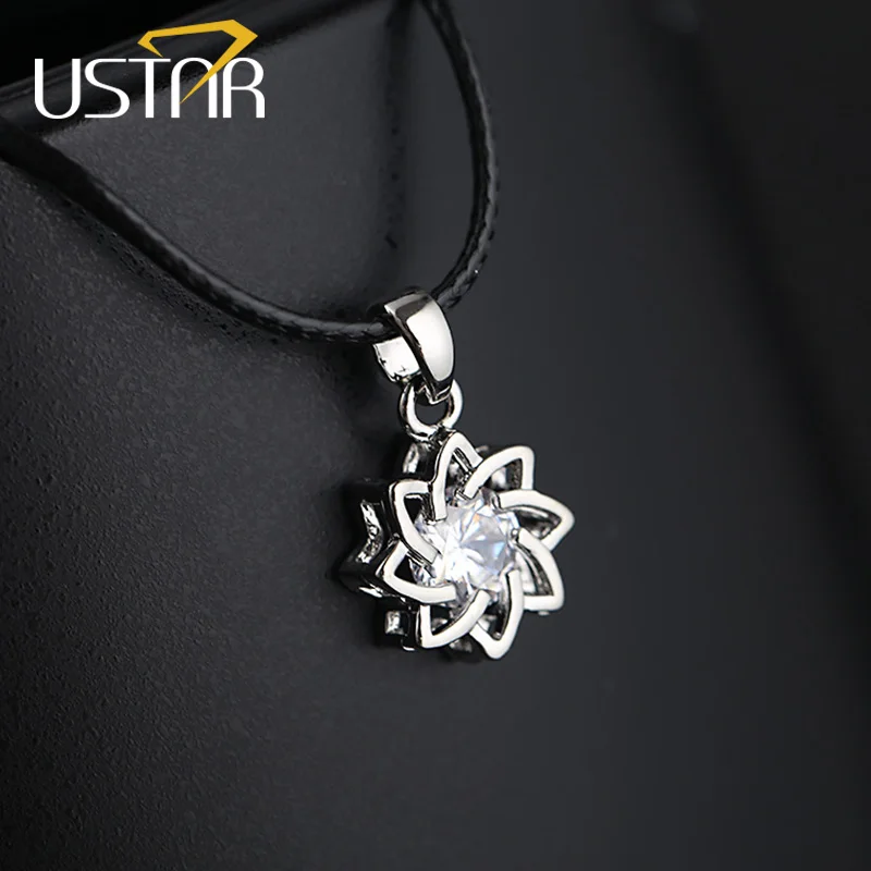 

USTAR New Crystals Flower Pendant Necklaces for women AAA cubic Zirconia Leather Choker Necklaces 2018 collars fashion Jewelry