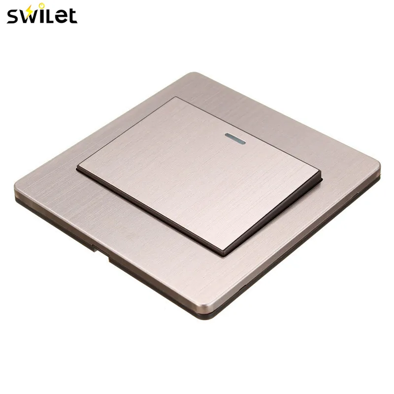 

SWILET Luxury Ultrathin Wall Light Switch Satin Metal Panel Push Button Switch 10A 250V CE 1 Gang 1 Way Hot Sale