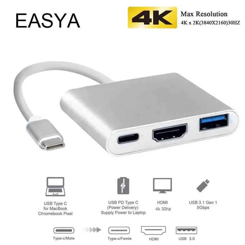 EASYA 3-в-1 Thunderbolt 3 адаптер USB C концентратор к HDMI с PD концентратор 3,0 Поддержка режимом DEX для samsung телефон MacBook Pro/Air Тип-C