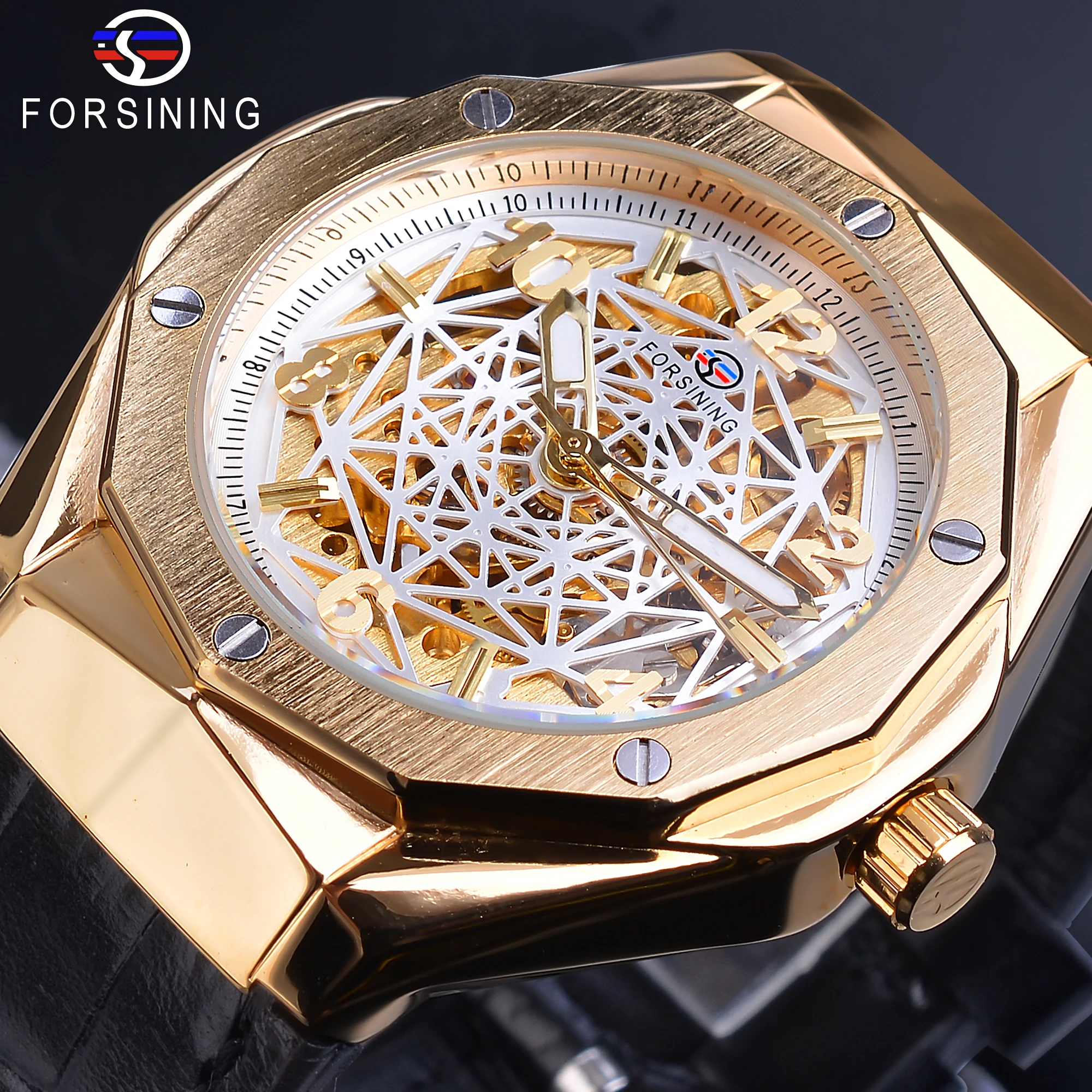 

Forsining Men's Luxury Golden White Skeleton Watch Sport Automatic Mechanical Stainless Steel Leather Wrist Watches Montre Homme