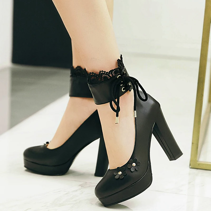 Rimocy plus size 43 lace ankle strap pink leather princess shoes woman 2019 lovely thick square super high heels platform pumps