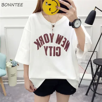 

T-shirts Women Letter Printing V-neck Leisure Womens Short Sleeve T-shirt Simple Korean Style Loose Sweet Students Daily Summer