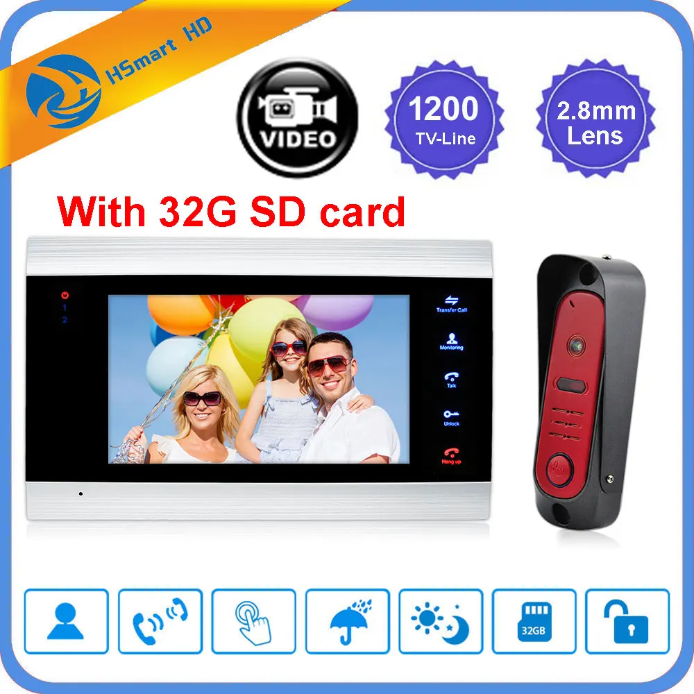

Home Video Door Phone Intercom Home Doorbell Security System Door Speaker Call Panel+7 inch Monitor +1200TVL Camera +32G SD card