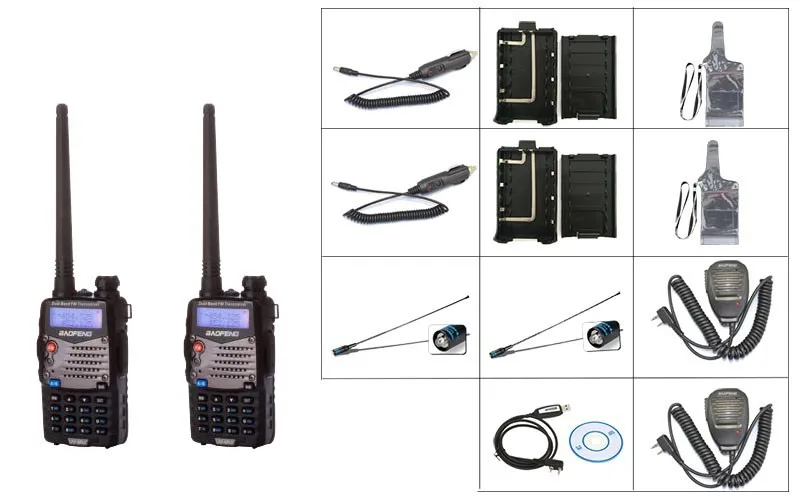 2 * черный Baofeng UV-5RA + двухстороннее Радио + 1 * кабель программирования + 2 * BF Mic + 2 * 771-f антенна + 2 * Водонепроницаемый + 2 * Чехол с аккумулятором + 2