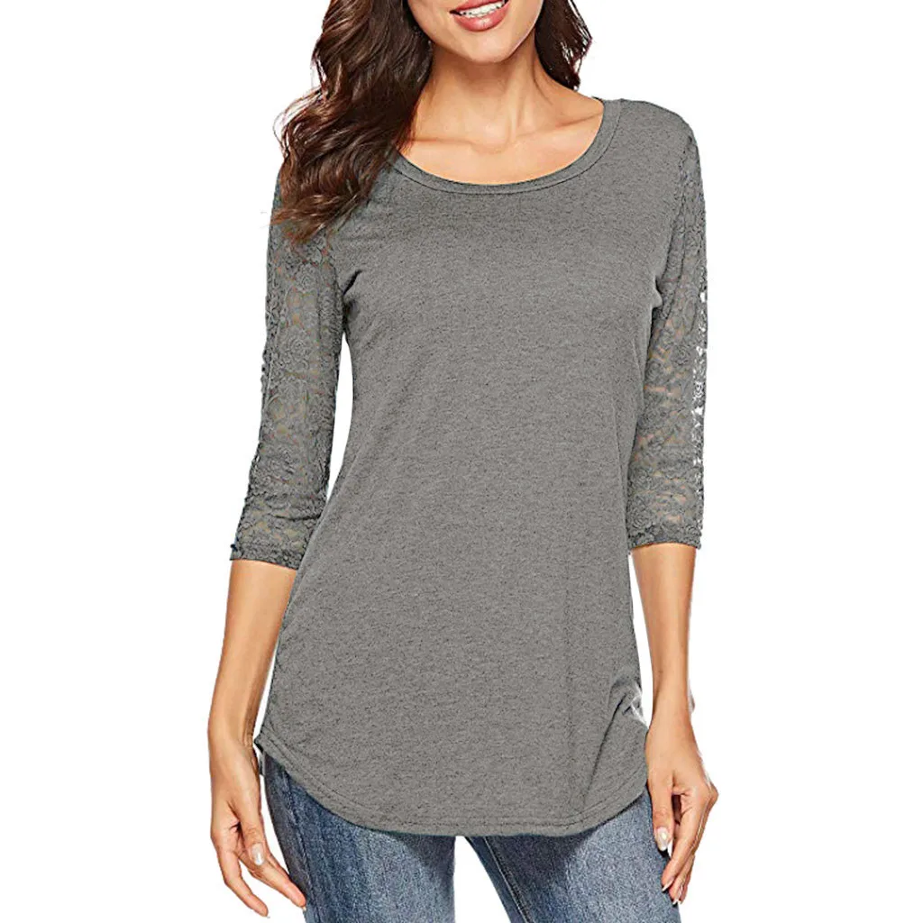 

Women Spring Three Quarter Sleeve O Neck Tee Shirts Womens Lace Patchwork T Shirt Pullover Tops blusas femininas elegante