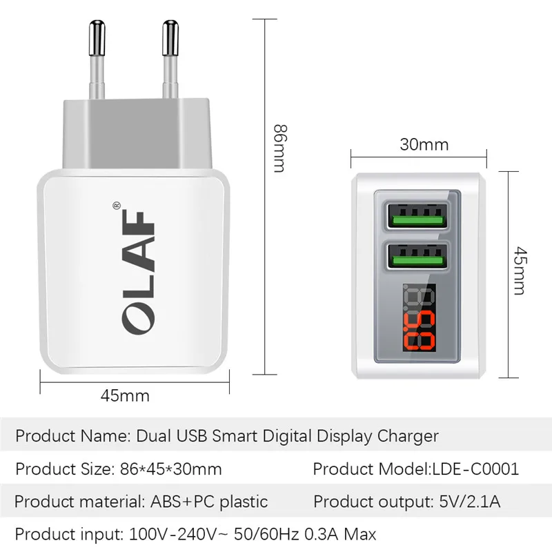 Olaf USB зарядное устройство светодиодный дисплей EU/US штекер Dual USB 2.1A быстрое зарядное устройство для телефона адаптер настенное зарядное устройство для iPhone samsung планшетов
