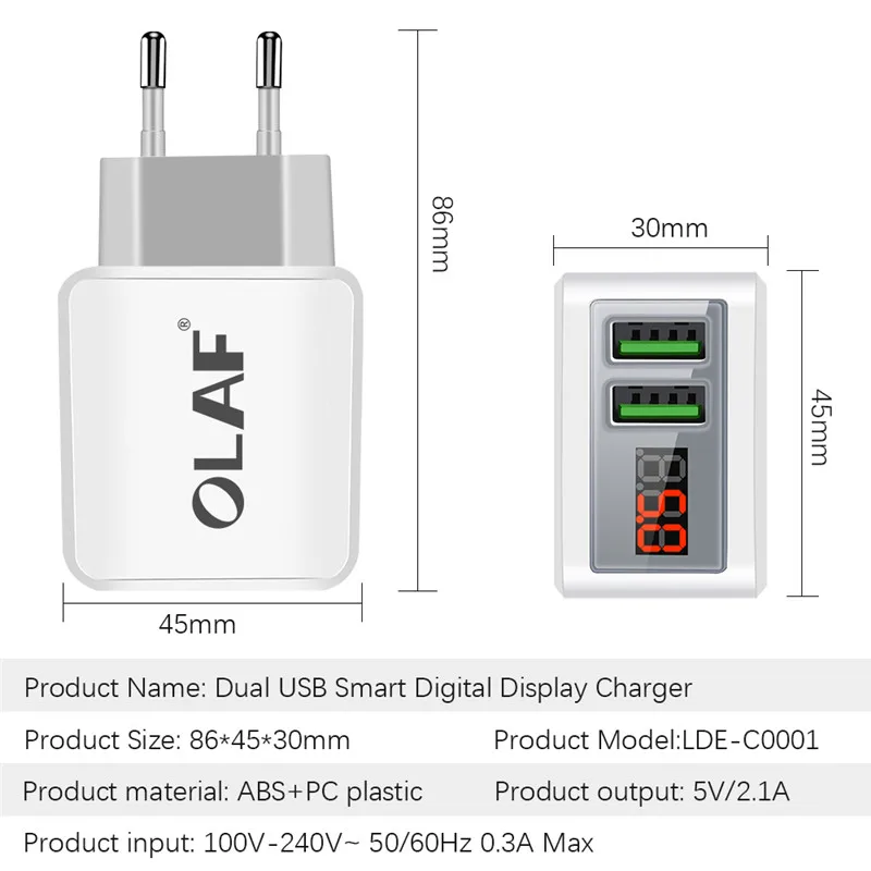 Olaf USB Charger LED Display EUUS Plug Dual USB 2.1A Fast Phone Charger Adapter Wall Travel Charger for iPhone Samsung Tablets (11)