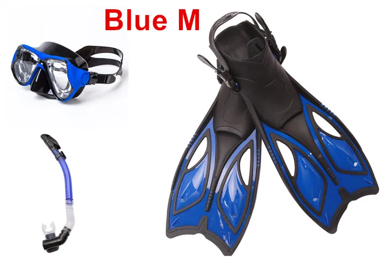 blue M Для взрослых 3 шт. комплект для подводного плавания маска для сноркелинга ласты для плавания оборудование маски для дайвинга плавники набор Силиконовое водолазное снаряжение - Цвет: blue M