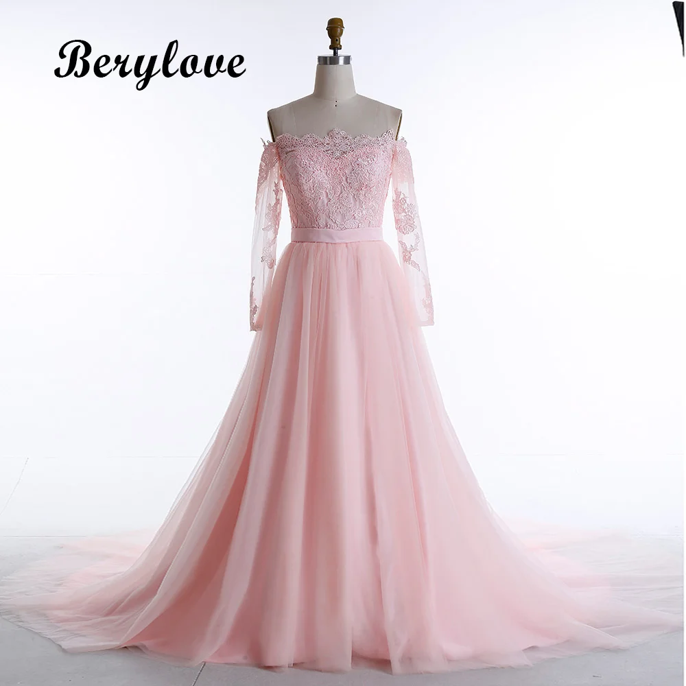 Long Sleeves Pink Wedding Dresses 2018 Off Shoulder Lace Wedding Gowns