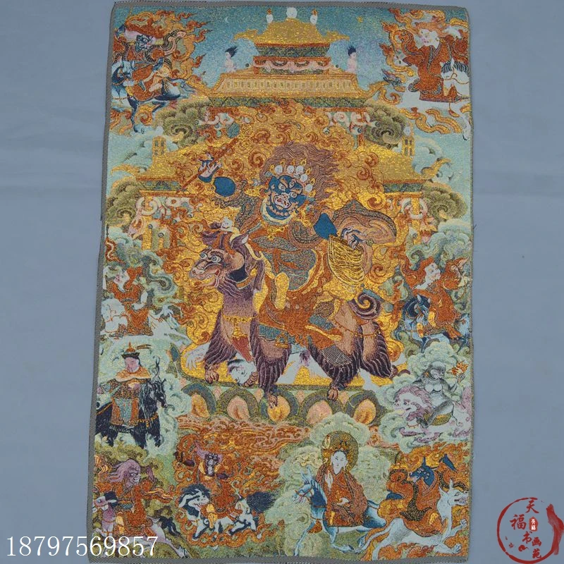 

christmas Thangka Tibetan Buddha silk brocade painting Nepal gold silk embroidery six arms black Maha halloween