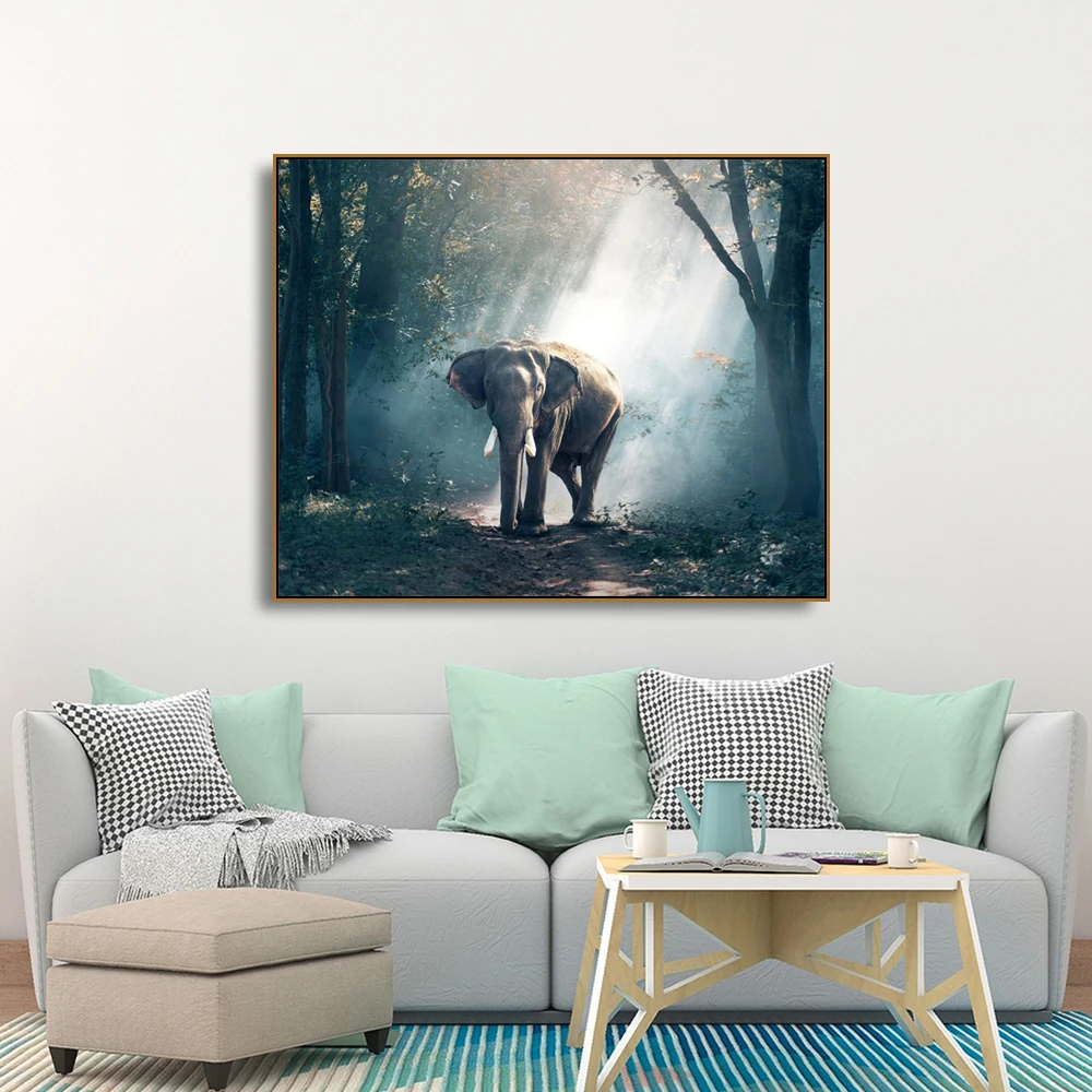 

Laeacco Canvas Calligraphy Painting Elephant Animal Forest Posters and Prints Animal Wall Pictures Living Room Home Decoration