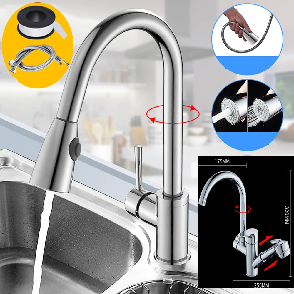 

Kitchen Faucets Silver Single Handle Pull Out Kitchen Tap Single Hole Handle Swivel 360 Degree Water Mixer Tap Mixer Tap