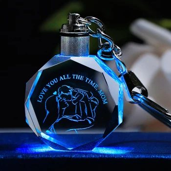 

K9 Crystal Mother's Day Gift Key Chain Colorful LED Light Glass Key Ring Laser Engraved Mother Present Souvenir Gift for Mom