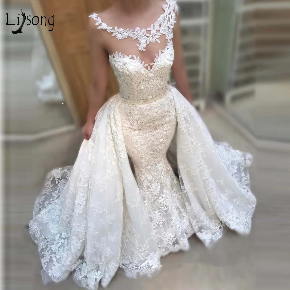 

Sexy 2019 Mermaid Lace Wedding Dresses With Detachable Train Vintage Dubai 2 Pieces Bridal Gowns Custom Made Robe De Mariee