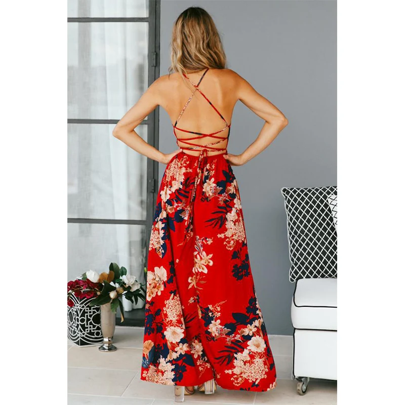 Женское платье-макси с цветочным принтом, с v-образным вырезом, с цветочным принтом, летнее пляжное длинное платье с открытой спиной, Vestidos Boho