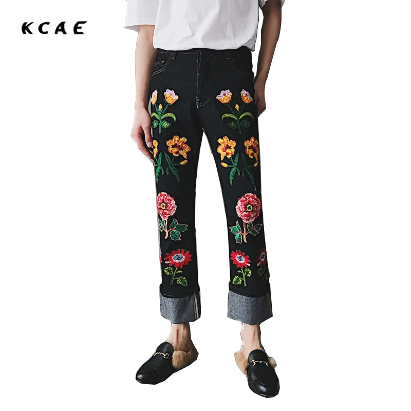 

KCAE Brand 2017 New Men's Straight Flanging Nine Points Trousers Big Embroidered Jeans Black And Blue Bottom Jeans Male Woman