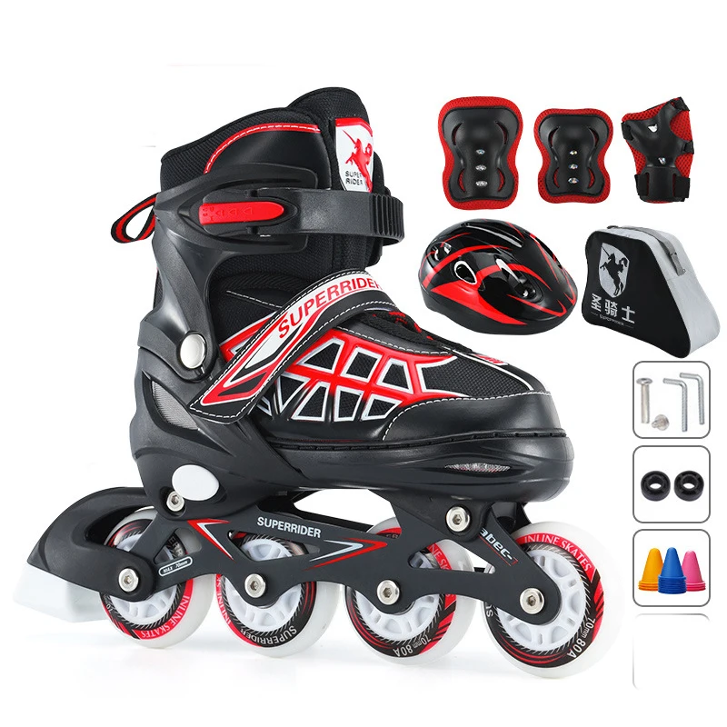 Крутые черные детские роликовые коньки с расположением колёс в линию обувь для роликов, скейтборда шлем наколенник Шестерня регулируемые колеса Patines