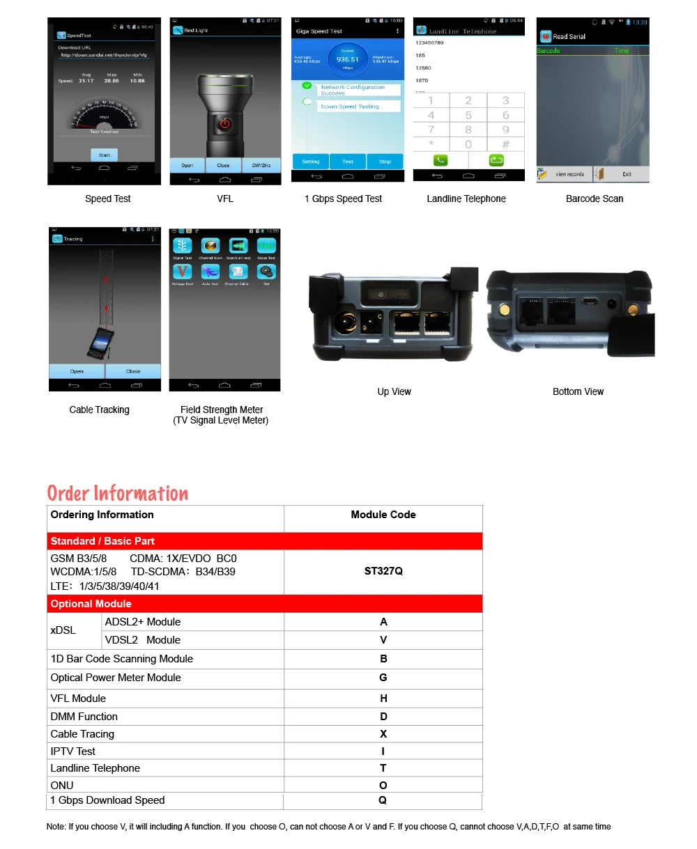 Телекоммуникационный тест КПК+ 1D Сканирование штрих-кода+ VDSL2++ оптический измеритель мощности+ 10 мВт vfl+ тест IPTV+ Функция DMM+ стационарный телефон