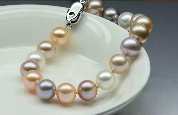

gorgeous 9-10mm south sea white pink purple multicolor pearl necklace 7.5-8inch