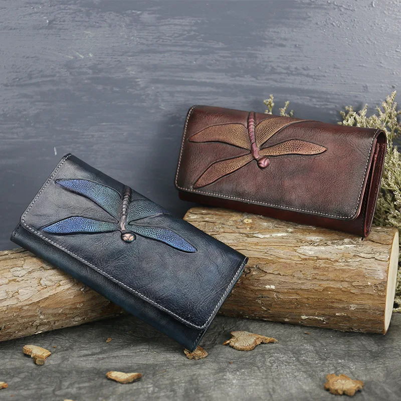 

New first layer of leather women wallets Dragonfly cow leather carved wallet Long purse retro pocket genuine leather wallets