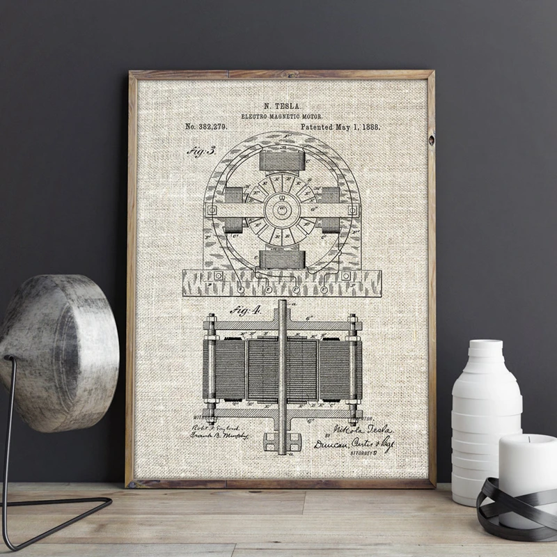 For Tesla Electro Motor Patent Poster Wall Art Prints