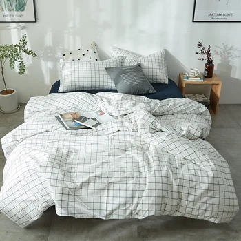 

White plaid duvet cover set 100% washed cotton bedding sets 3/4pcs Single Queen King size quilt covers solid blue fitted sheet
