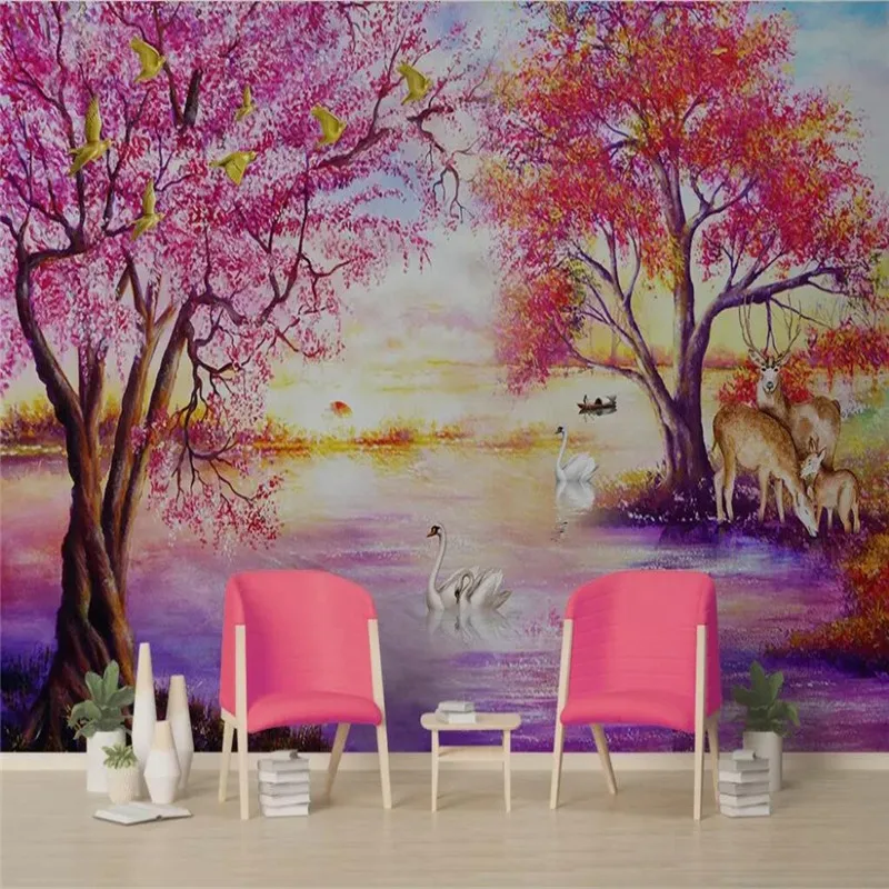 European forest tree tree elk swan lake wall professional production murals, wallpaper wholesale, custom poster photo wall European forest tree tree elk swan lake wall professional production murals, wallpaper wholesale, custom poster photo wall