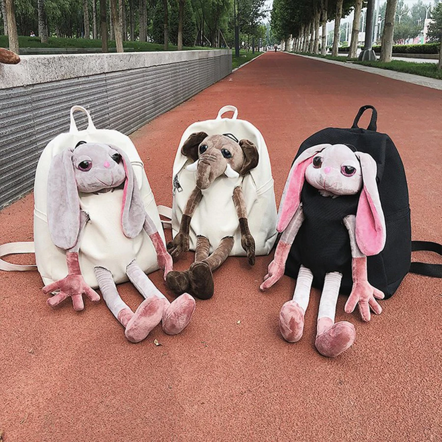 Женские рюкзаки в стиле Харадзюку с плюшевой куклой Кроликом, большая вместительность, Холщовый женский Школьный Рюкзак Для Путешествий, Kawaii, слон, кошка, школьные сумки для девочек