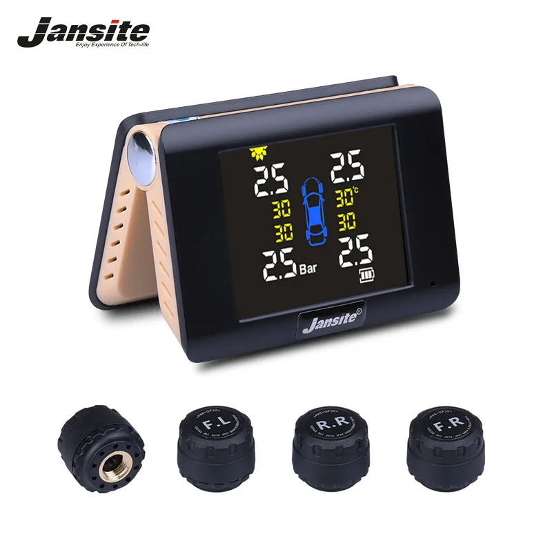 Jansite TPMS Wireless Car Tire Pressure Monitoring Intelligent System Solar Power LED Display with 4 Built-in or External Sensor
