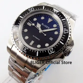 

BLIGER 44mm Black Blue Dial Black Rotating Ceramic Bezel Date Adjust Luminous Marks Miyota Automatic Movement Men's Watch B82