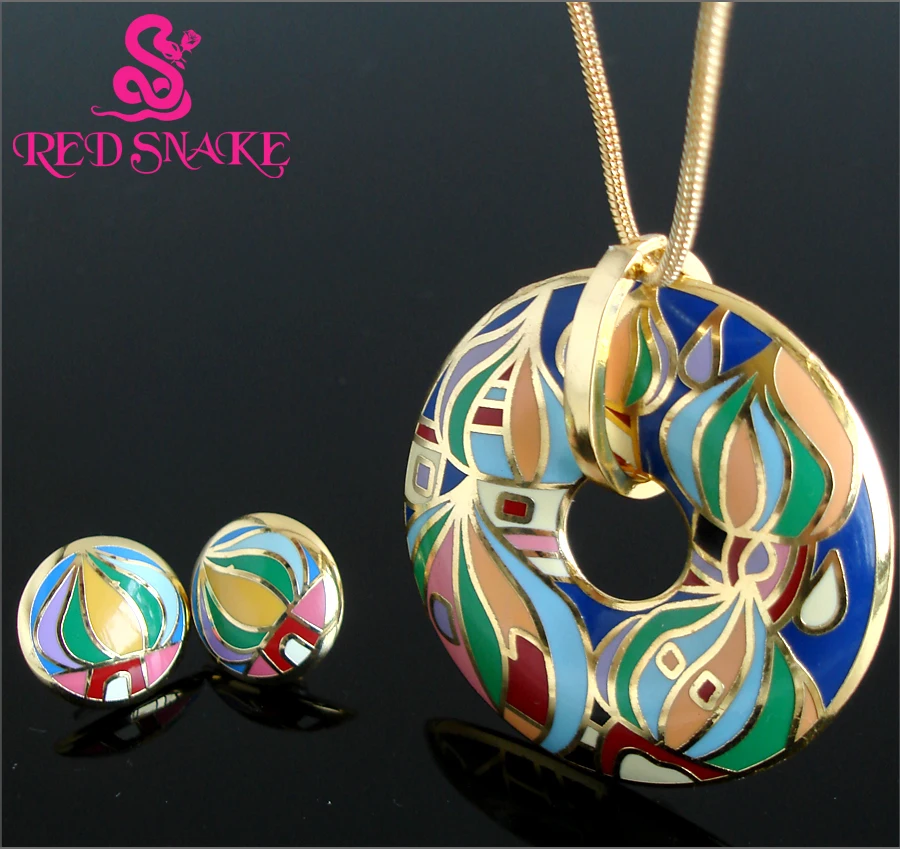 

RED SNAKE New Unique Great Value Brand Rose Gold-color Religious Byzantine Style Red Square Element Design Enamel Jewelry Set