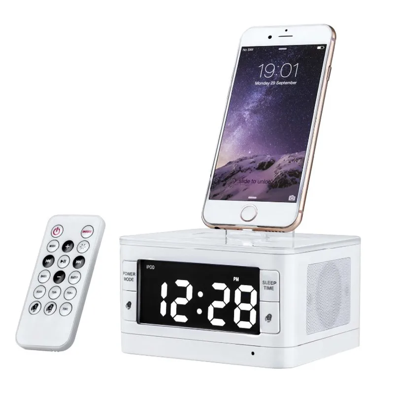 

T7 Wireless Bluetooth Speaker 8 Pin Charger Dock Station FM Radio Alarm Clock PC Phone Speakers for iPhone 6S 7 Plus 8 X